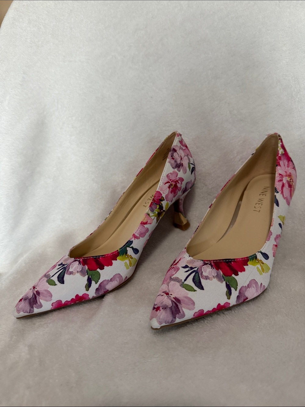 Nine West Pink Floral Pointed-Toe Kitten Heels